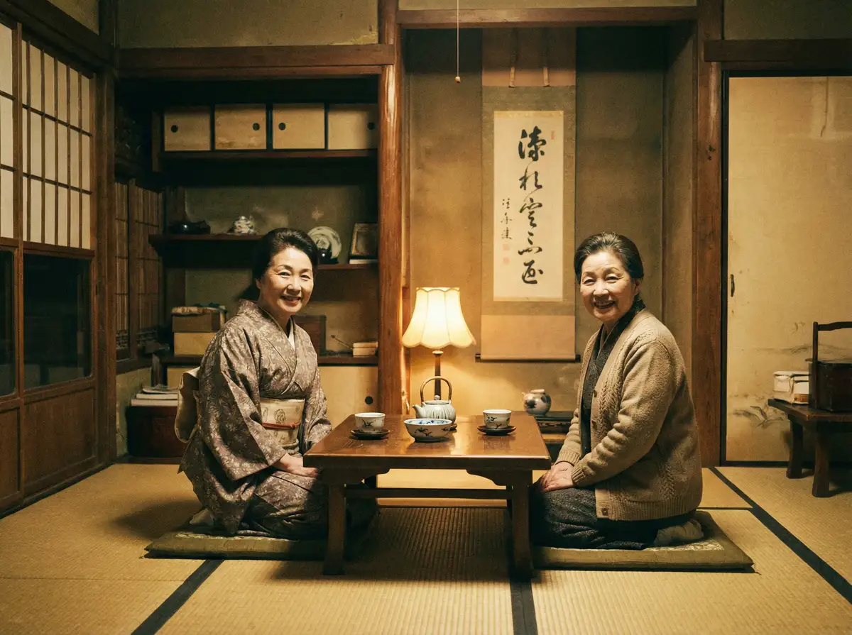 两位优雅的 《里番动漫入口》里番动漫 - 二次元社区里番动漫交流社区 在日式茶室中品茶交谈